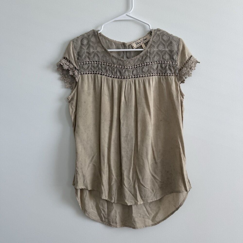 Sheryl Crow Crochet Lace Trim Boho Tunic Top Blouse Beige Fairy Summer Sz Medium